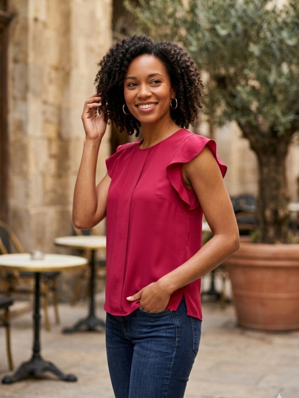 Zara Woman Flutter Ruffle Sleeve Blouse XS Berry Red Keyhole Back